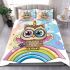 Cute cartoon owl with big eyes wearing a colorful bedding set