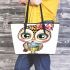 Cute cartoon owl with leopard headband and colorful cupcake leather tote bag