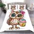 Cute cartoon owl with leopard headband and colorful cupcake bedding set