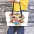 Cute cartoon owl with leopard headband holding leather tote bag