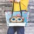 Cute cartoon owl with pink bow on head leather tote bag