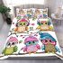 Cute cartoon owls with colorful hats and headphones bedding set