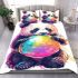 Cute cartoon panda bear holding a rainbow colored bedding set