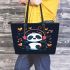 Cute cartoon panda listening to music on headphones leather tote bag