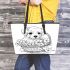 Cute cartoon puppy sitting in flower basket coloring leather tote bag