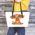 Cute cartoon puppy sitting with red collar leather tote bag