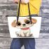 Cute cartoon puppy sitting with red collar leather tote bag