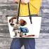 Cute cartoon puppy with a blue backpack leather tote bag