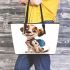 Cute cartoon puppy with a blue backpack leather tote bag