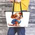 Cute cartoon puppy with a blue backpack leather tote bag