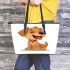 Cute cartoon puppy with red collar sitting leather tote bag