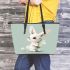 Cute cartoon rabbit holding daisies leather tote bag