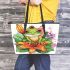 Cute cartoon tree frog with lily flower leaather tote bag