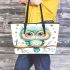 Cute cartoon watercolor baby owl leather tote bag