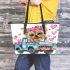 Cute cartoon yorkshire terrier with pink flowers in her hair leather tote bag