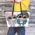 Cute chibi owl couple wearing cute pink and blue shoes leather tote bag