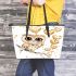 Cute chibi owl with big eyes holding heart shaped balloons leather tote bag