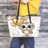 Cute chibi owl with gold heart shaped balloons leather tote bag