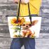 Cute chihuahua puppy with big eyes sitting next to a sunflower leather tote bag