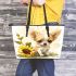 Cute chihuahua puppy with big eyes sitting next to sunflower leather tote bag