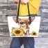 Cute chihuahua puppy with big eyes sitting next to sunflower leather tote bag