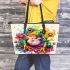 Cute colorful frog with flowers leaather tote bag