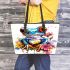 Cute colorful frog with flowers leaather tote bag