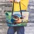 Cute colorful owl cartoon with big eyes sitting on a tree branch leather tote bag