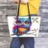 Cute colorful owl with big eyes sitting on a tree branch leather tote bag