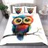 Cute colorful owl with big eyes sitting on a tree branch bedding set