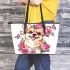 Cute corgi puppy with pink roses and butterflies leather tote bag