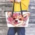 Cute corgi puppy with pink roses and butterflies leather tote bag