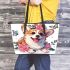 Cute corgi puppy with pink roses and butterflies leather tote bag