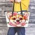 Cute corgi puppy with pink roses in her hair and butterflies leather tote bag