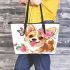 Cute corgi puppy with pink roses in her hair and butterflies leather tote bag