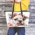 Cute english bulldog puppy with pink flower crown leather tote bag