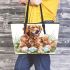 Cute golden retriever dog with easter eggs leather tote bag