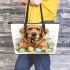 Cute golden retriever with easter eggs and white daisies leather tote bag