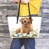 Cute golden retriever with easter eggs and white daisies leather tote bag