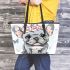 Cute grey french bulldog dog wearing a pink flower leather tote bag