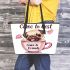 Cute happy pug puppy inside a pink cup leather tote bag