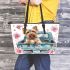 Cute happy yorkshire terrier old truck flowers and hearts leather tote bag