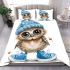 Cute little owl wearing blue shoes and a hat bedding set
