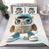 Cute little owl wearing blue sneakers and a cap bedding set