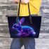 Cute neon blue and purple rabbit with glowing eyes leather tote bag