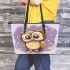 Cute owl cartoon surrounded in the style of stars and flowers leather tote bag