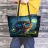 Cute owl cartoon with big blue eyes night scene with moon leather tote bag