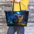 Cute owl cartoon with big blue eyes night scene with moon leather tote bag