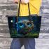 Cute owl cartoon with big blue eyes night scene with moon leather tote bag