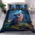 Cute owl cartoon with big blue eyes night scene with moon bedding set